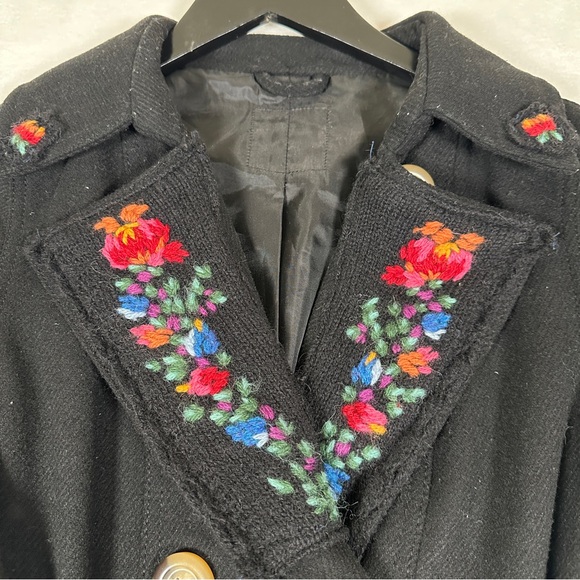 Black wool Trench Coat Floral Embroidery grandma cottagecore long button pink - Picture 8 of 9